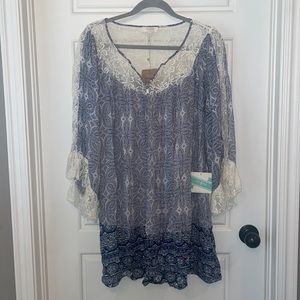 Umgee Blue & White Printed Dress with Lace